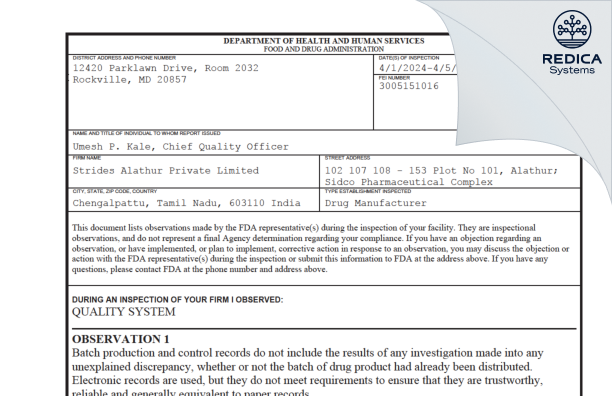 FDA 483 - Strides Alathur Private Limited [Chengalpattu / India] - Download PDF - Redica Systems