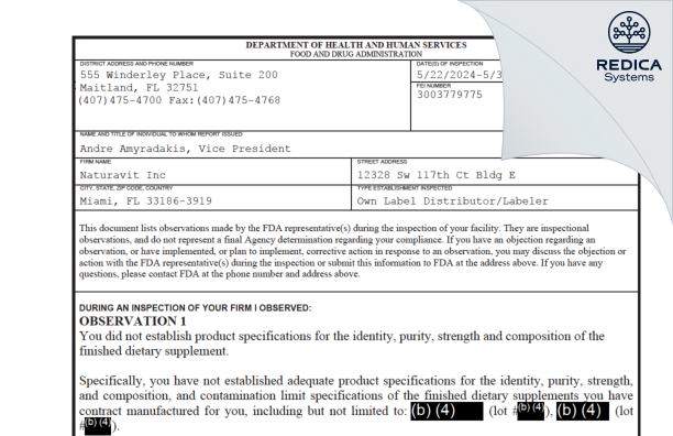 FDA 483 - Naturavit Inc [Miami / United States of America] - Download PDF - Redica Systems