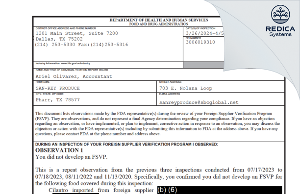 FDA 483 - SAN-REY PRODUCE [Pharr / United States of America] - Download PDF - Redica Systems