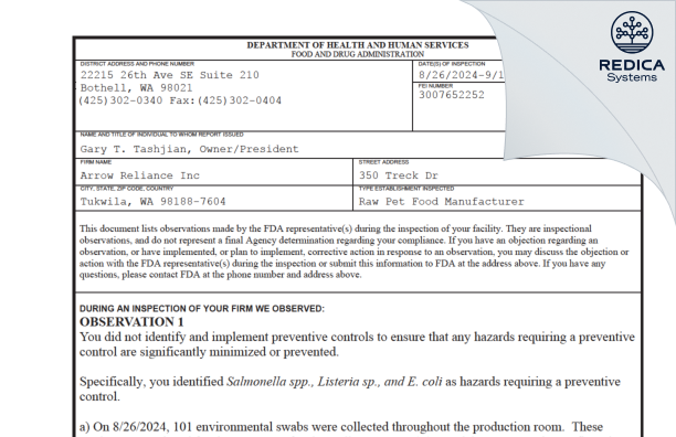 FDA 483 - Arrow Reliance Inc [Tukwila / United States of America] - Download PDF - Redica Systems