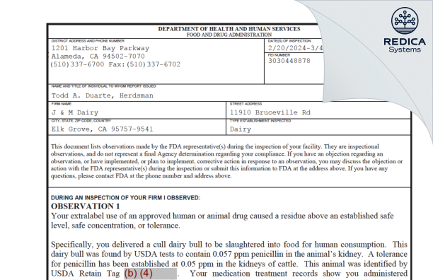 FDA 483 - J & M Dairy [Elk Grove / United States of America] - Download PDF - Redica Systems