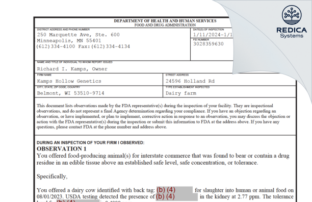 FDA 483 - Kamps Hollow Genetics [Belmont / United States of America] - Download PDF - Redica Systems