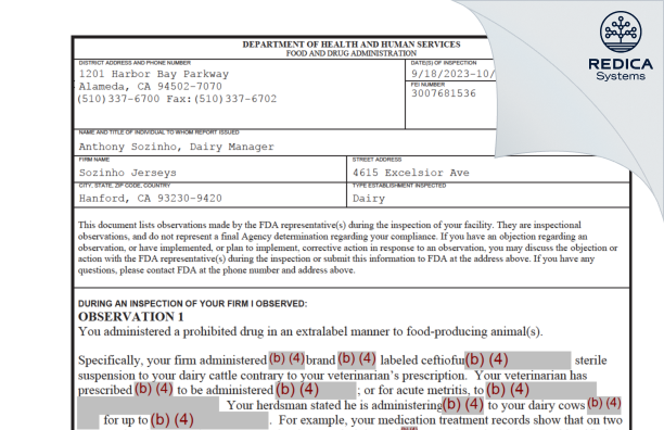 FDA 483 - Sozinho Jerseys [Hanford / United States of America] - Download PDF - Redica Systems