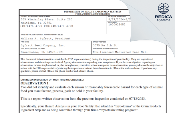 FDA 483 - Syfrett Feed Company, Inc. [Okeechobee / United States of America] - Download PDF - Redica Systems