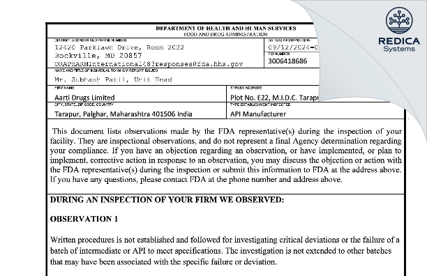 FDA 483 - Aarti Drugs Limited [Tarapur / India] - Download PDF - Redica Systems