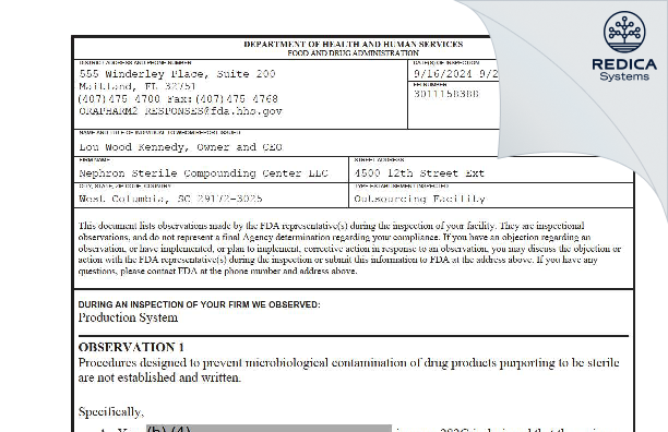 FDA 483 - Nephron Sterile Compounding Center, LLC [West Columbia / United States of America] - Download PDF - Redica Systems