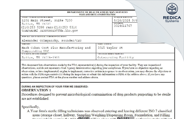 FDA 483 - Mark Cuban Cost Plus Manufacturing and Compounding LLC [Dallas / United States of America] - Download PDF - Redica Systems