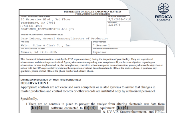 FDA 483 - Welch, Holme & Clark Co.,Inc. [Newark / United States of America] - Download PDF - Redica Systems