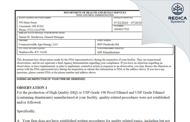 FDA 483 - Commonwealth Agri-Energy [Hopkinsville / United States of America] - Download PDF - Redica Systems