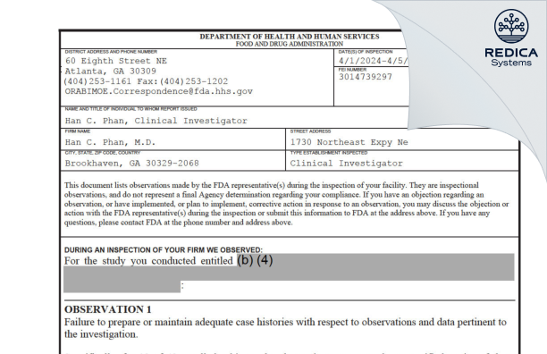 FDA 483 - Han C. Phan, M.D. [Brookhaven / United States of America] - Download PDF - Redica Systems