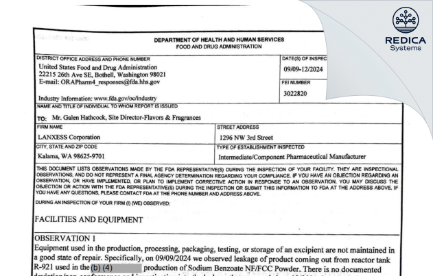 FDA 483 - Emerald Kalama Chemical, LLC [Kalama / United States of America] - Download PDF - Redica Systems