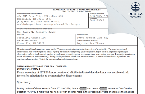 FDA 483 - Fertility Center LLC [Knoxville / United States of America] - Download PDF - Redica Systems