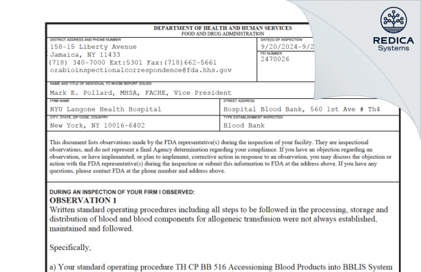 FDA 483 - NYU Hospitals Center [New York / United States of America] - Download PDF - Redica Systems