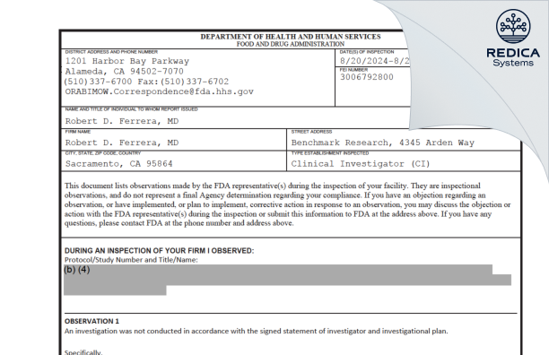 FDA 483 - Ferrera, R. David, MD [Sacramento / United States of America] - Download PDF - Redica Systems