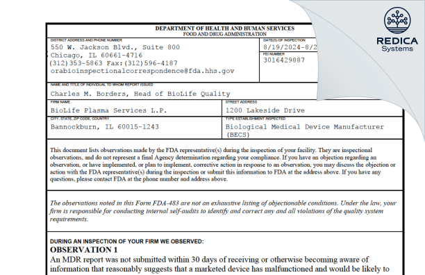 FDA 483 - BioLife Plasma Services L.P. (Baxalta US Inc.) [Bannockburn / United States of America] - Download PDF - Redica Systems