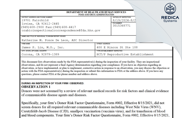 FDA 483 - Lin Fertility Network, Inc. [Corona / United States of America] - Download PDF - Redica Systems