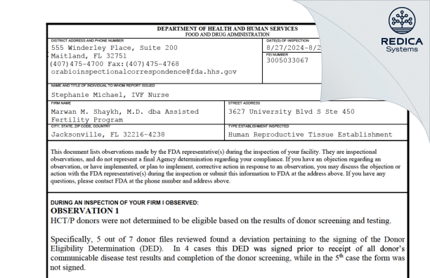 FDA 483 - Marwan M. Shaykh, M.D. dba Assisted Fertility Program [Jacksonville / United States of America] - Download PDF - Redica Systems