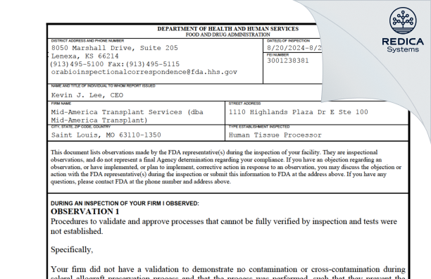 FDA 483 - Mid-America Transplant Services [Saint Louis / United States of America] - Download PDF - Redica Systems