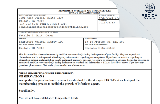 FDA 483 - SmartSurg Medical Supply LLC [Frisco / United States of America] - Download PDF - Redica Systems