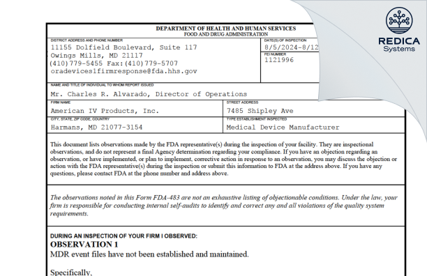 FDA 483 - AIV, Inc [Harmans / United States of America] - Download PDF - Redica Systems