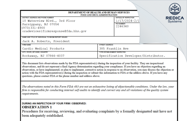 FDA 483 - Cardio Medical Products [Rockaway / United States of America] - Download PDF - Redica Systems