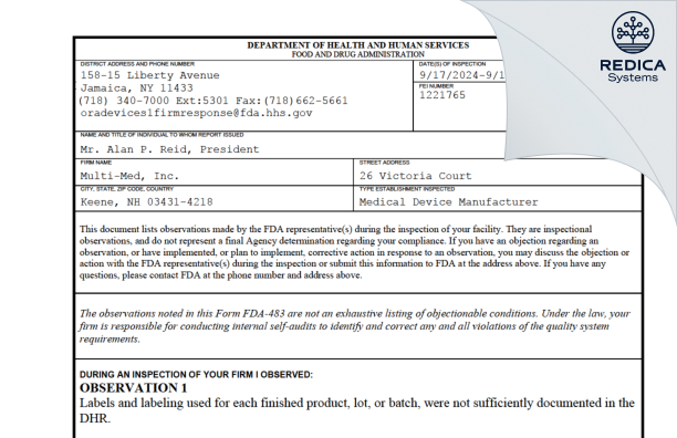 FDA 483 - Multi-Med, Inc. [Keene / United States of America] - Download PDF - Redica Systems