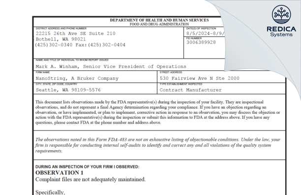 FDA 483 - Nanostring Technologies [Seattle / United States of America] - Download PDF - Redica Systems