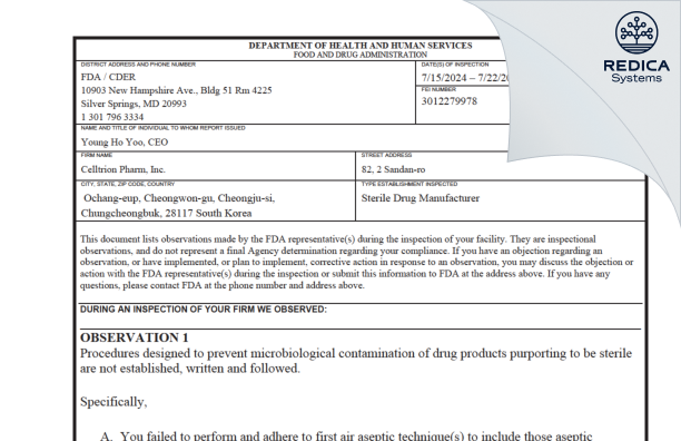 FDA 483 - CELLTRION PHARM, INC [Cheongwon-Gu / Korea (Republic of)] - Download PDF - Redica Systems