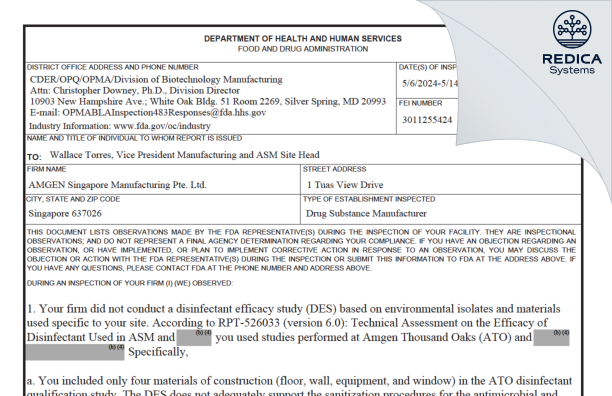 FDA 483 - Amgen Singapore Manufacturing Pte. Ltd. [Singapore / Singapore] - Download PDF - Redica Systems