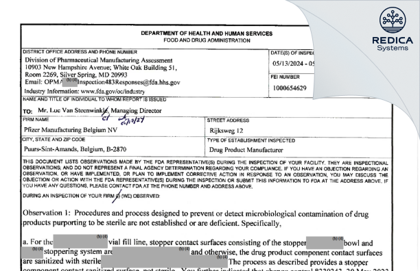 FDA 483 - Pfizer Manufacturing Belgium NV [Puurs-Sint-Amands / Belgium] - Download PDF - Redica Systems