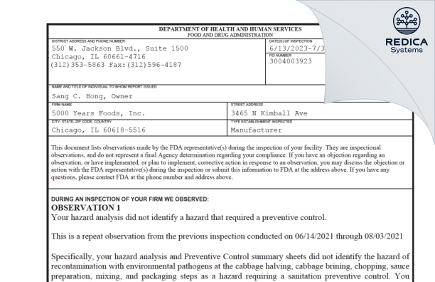 FDA 483 - 5000 Years Foods, Inc. [Chicago / United States of America] - Download PDF - Redica Systems