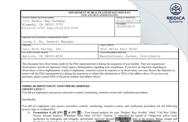 FDA 483 - Cali Rice Valley, Inc. [Antioch / United States of America] - Download PDF - Redica Systems