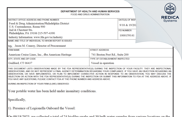 FDA 483 - American Cruise Lines Inc dba American Heritage [Guilford / United States of America] - Download PDF - Redica Systems