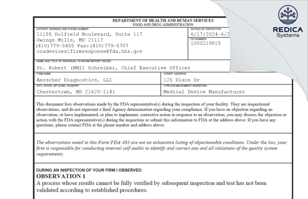 FDA 483 - Aerscher Diagnostics, LLC [Chestertown / United States of America] - Download PDF - Redica Systems