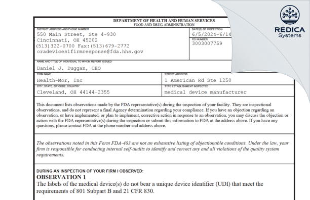 FDA 483 - Health-Mor, Inc [Cleveland / United States of America] - Download PDF - Redica Systems