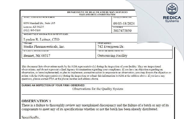 FDA 483 - Staska Pharmaceuticals, Inc. [Bennet / United States of America] - Download PDF - Redica Systems