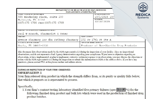 FDA 483 - Avenue Pharmacy Inc dba Pathway Pharmacy [Ocala / United States of America] - Download PDF - Redica Systems