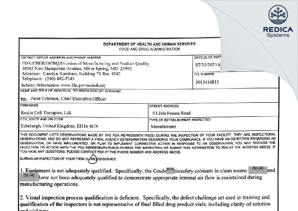 FDA 483 - Roslin Cell Therapies Limited [Edinburgh / United Kingdom of Great Britain and Northern Ireland] - Download PDF - Redica Systems