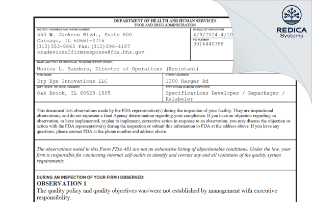 FDA 483 - Dry Eye Innovations LLC [Oak Brook / United States of America] - Download PDF - Redica Systems