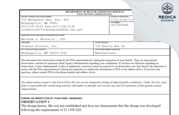 FDA 483 - Premier Biotech, Inc. [Chanhassen / United States of America] - Download PDF - Redica Systems