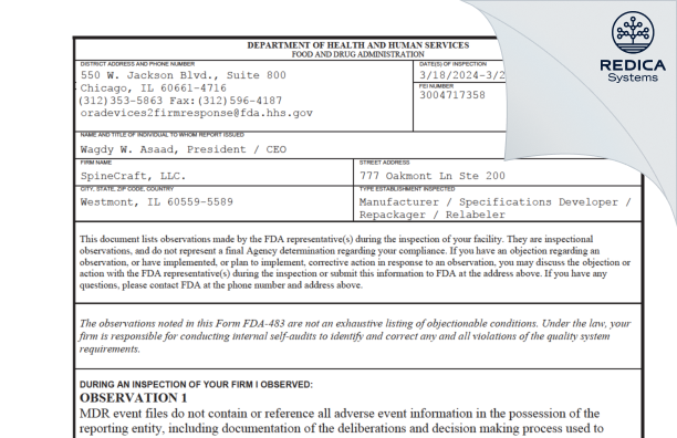 FDA 483 - SpineCraft, LLC. [Westmont / United States of America] - Download PDF - Redica Systems