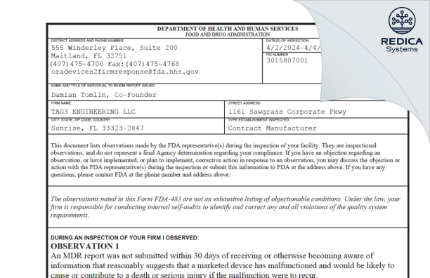 FDA 483 - TAG3 ENGINEERING LLC [Sunrise / United States of America] - Download PDF - Redica Systems