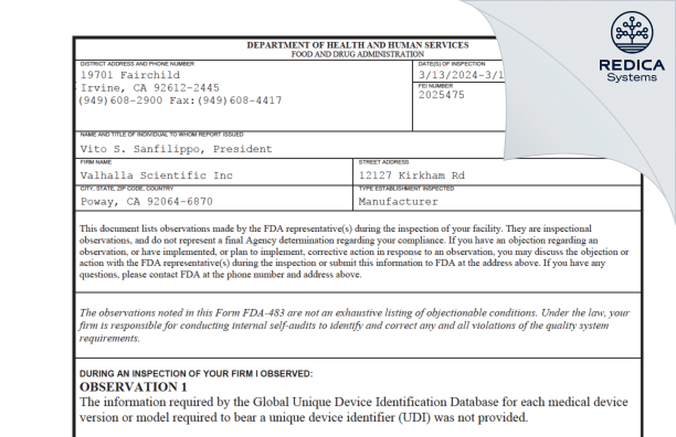 FDA 483 - Valhalla Scientific Inc [Poway / United States of America] - Download PDF - Redica Systems