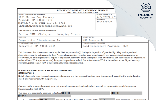 FDA 483 - Comparative Biosciences, Inc [Sunnyvale / United States of America] - Download PDF - Redica Systems