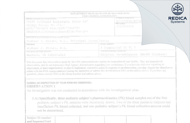 FDA 483 - Michael J. Strunc, M.D. [Norfolk / United States of America] - Download PDF - Redica Systems