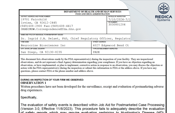 FDA 483 - Neurocrine Biosciences Inc [San Diego / United States of America] - Download PDF - Redica Systems