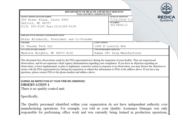 FDA 483 - OL PHARMA TECH, LLC [Madison Heights / United States of America] - Download PDF - Redica Systems