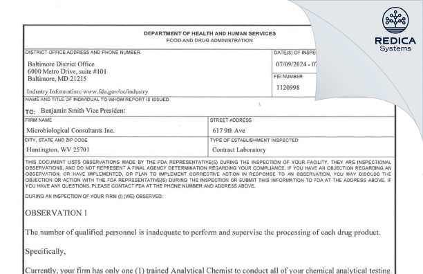 FDA 483 - Microbiological Consultants, Inc. [Huntington / United States of America] - Download PDF - Redica Systems