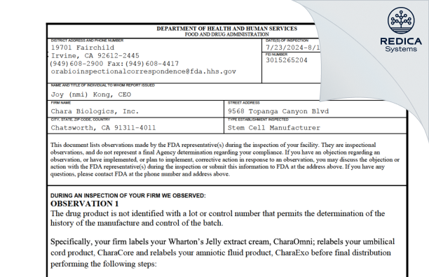 FDA 483 - Chara Biologics, Inc. [Chatsworth / United States of America] - Download PDF - Redica Systems