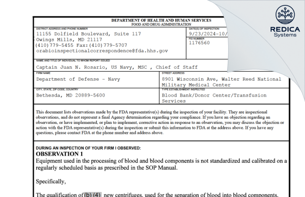 FDA 483 - Walter Reed National Military Medical Center [Bethesda / United States of America] - Download PDF - Redica Systems